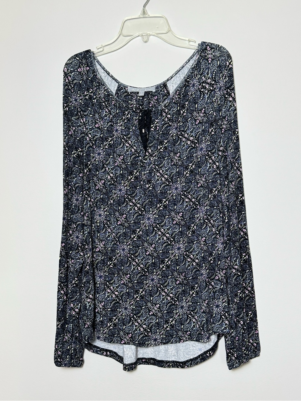 Daniel Rainn Black Floral Tie-Neck Long Sleeve Blouse Size M Elastic sleeve cuff